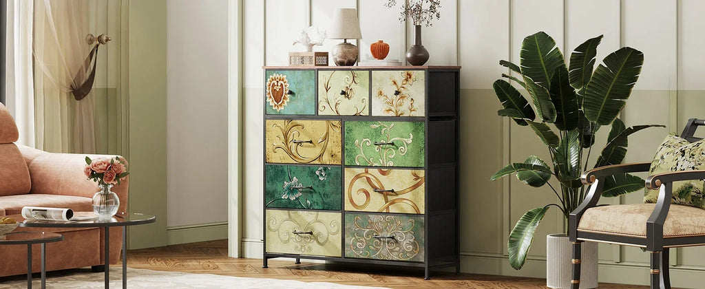 Rosahqnda Vintage Cabinet with fabric Drawers TV Stand Chest of Drawers for Living Room Dining Room Bedroom Iron Frame