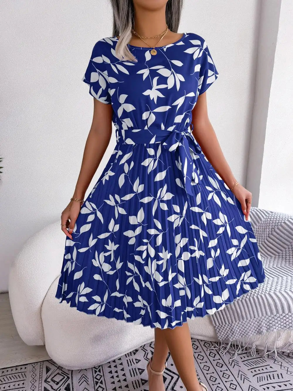Women's Floral Pleated A Line Long Dress, Short Sleeve, High Waist, Chic, Spring, Summer