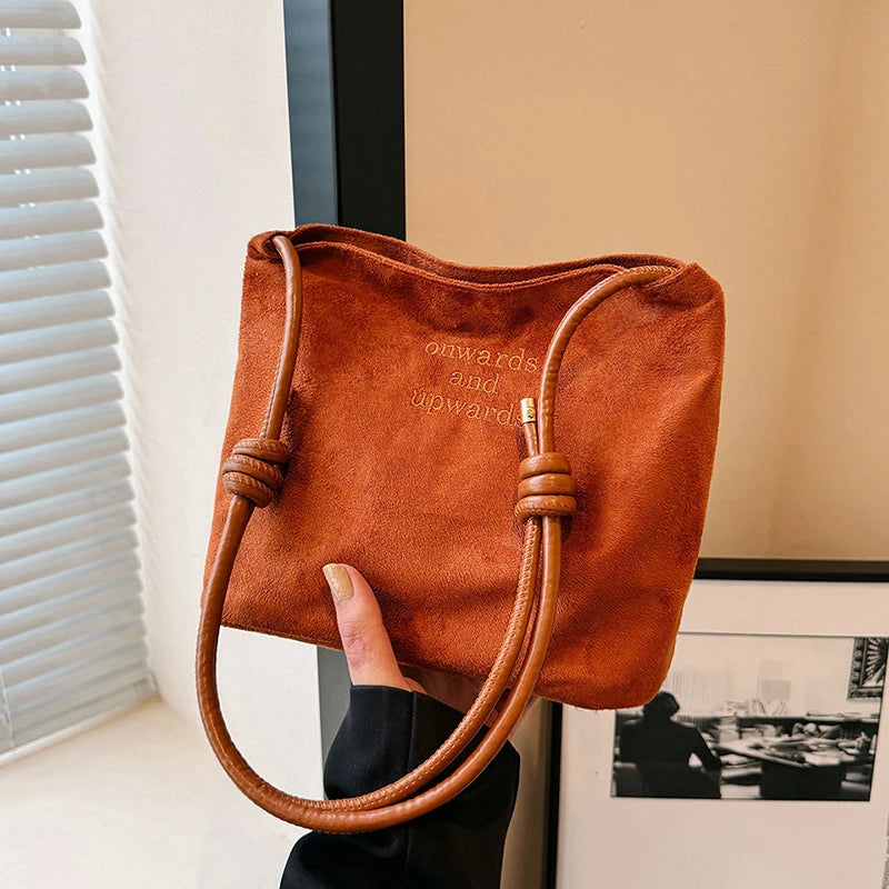Suede Handbag Casual Rope Buckle Design Multicolor Shoulder Bag Adjustable Straps Tote Work Crossbody Bucket Bag