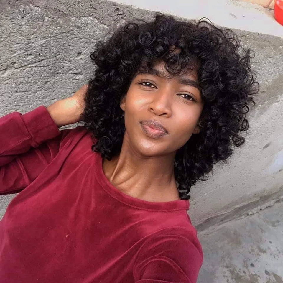 Mongolian Afro Kinky Curly Hunan Hair Wigs With Bangs Full Machine Made Wig 250 Density Remy Brazilian Short Curly Bangs Wig