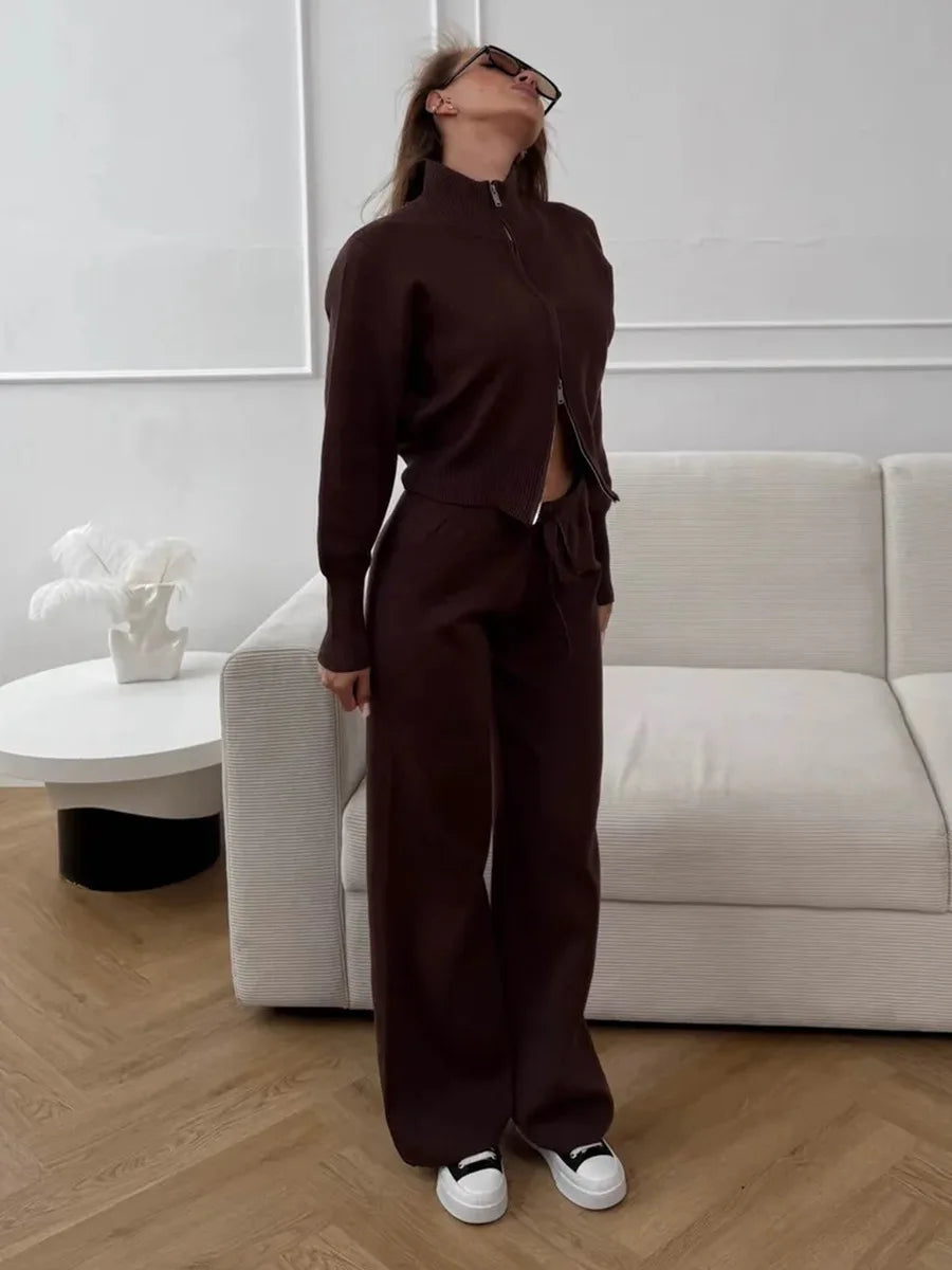 Bornladies Women's New Knit Zip Up Cardigan Wide Leg Pants Set Soft Fabric Cropped Elastic Waist Autumn Winter Fashion Sweater