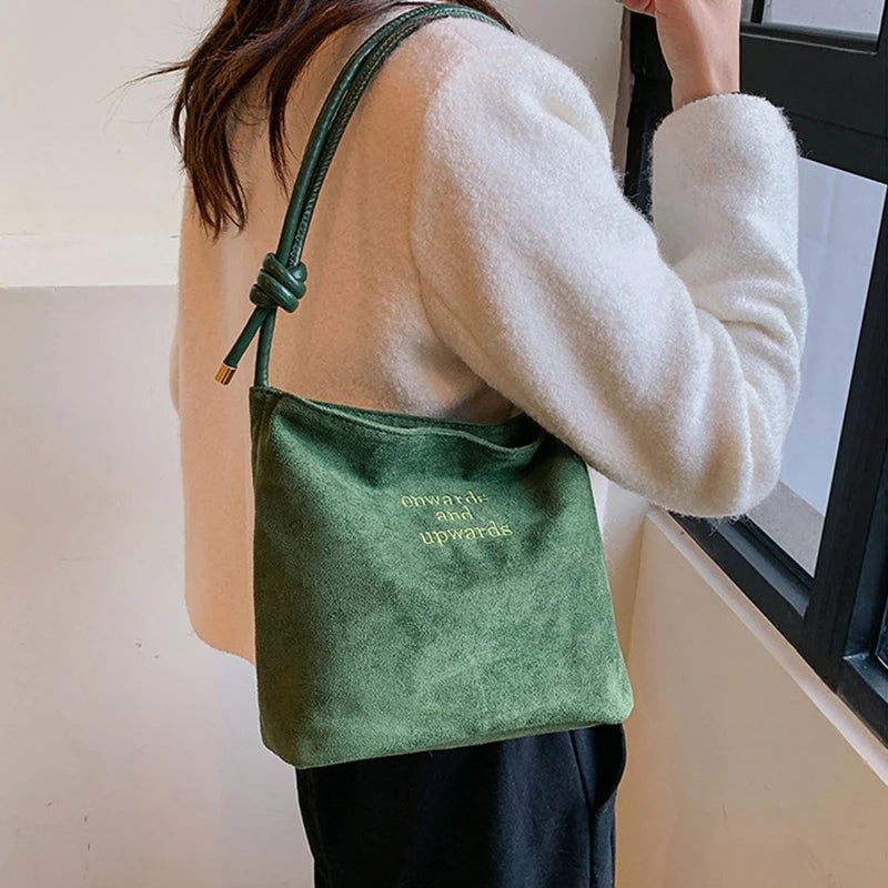 Suede Handbag Casual Rope Buckle Design Multicolor Shoulder Bag Adjustable Straps Tote Work Crossbody Bucket Bag