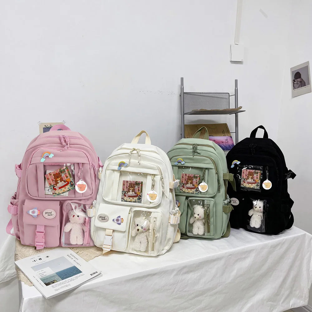 Woman Backpack Fashion College Student Rucksack Nylon with Plush Pendant Pin Kawaii Large Capacity Japanese Style for Teen Girls