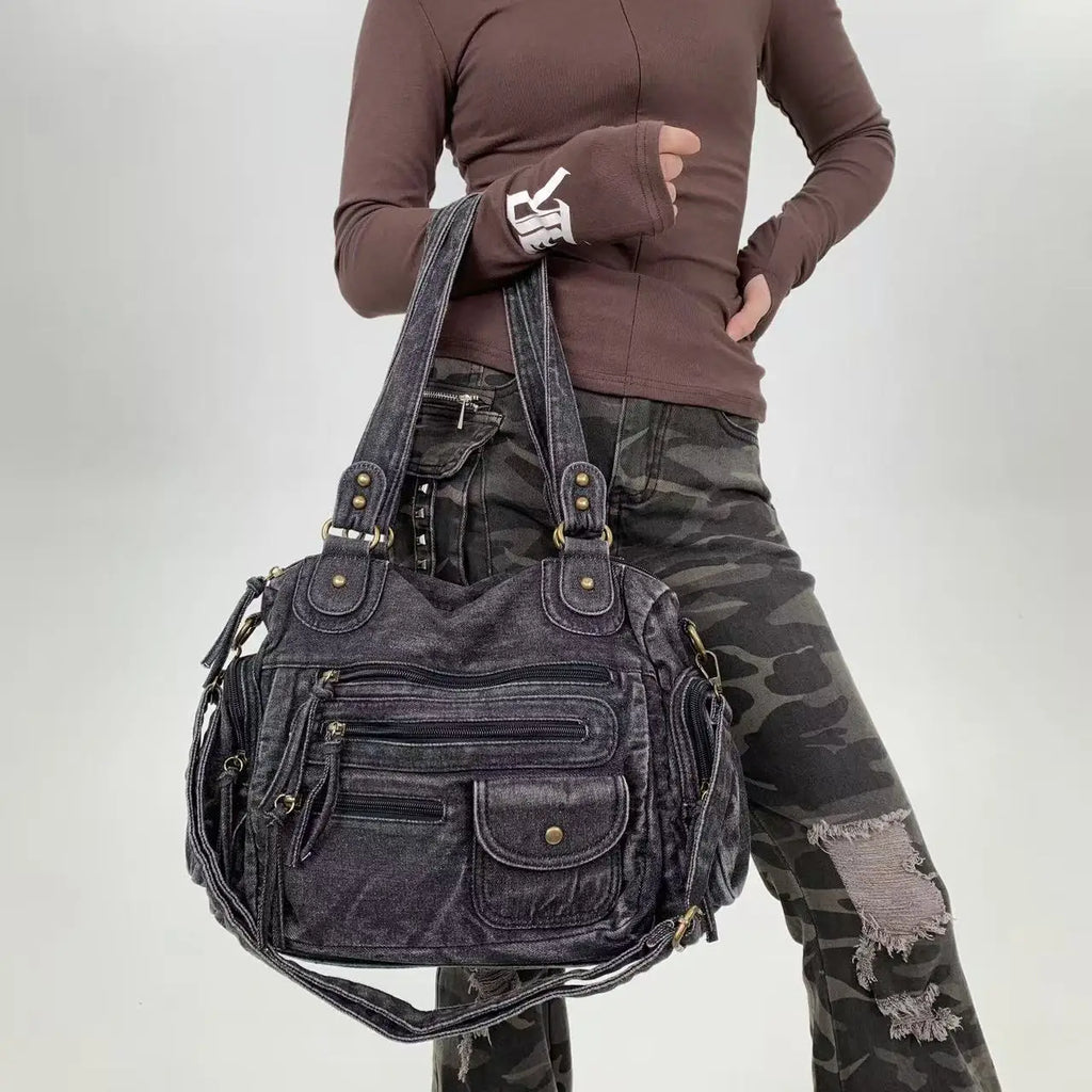 Y2K Street Personalized Women's Multi Pocket Shoulder Bag Large Capacity Retro Motorcycle Tote Bag