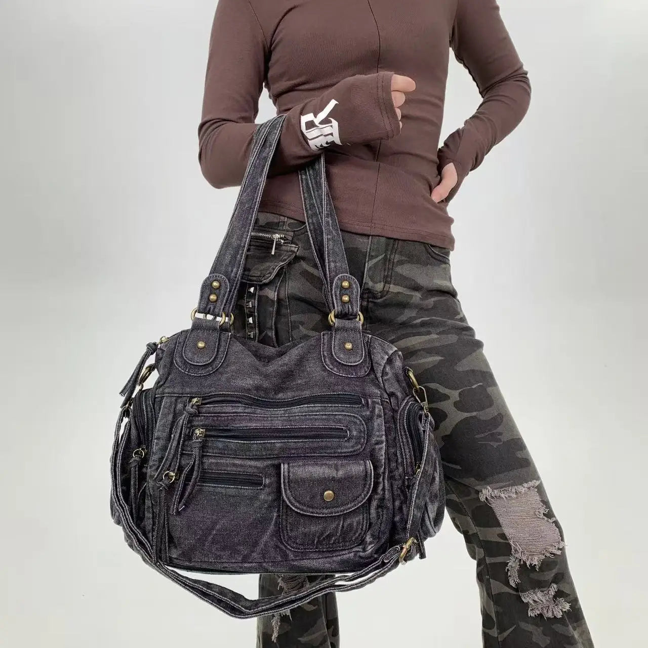 Y2K Street Personalized Women's Multi Pocket Shoulder Bag Large Capacity Retro Motorcycle Tote Bag