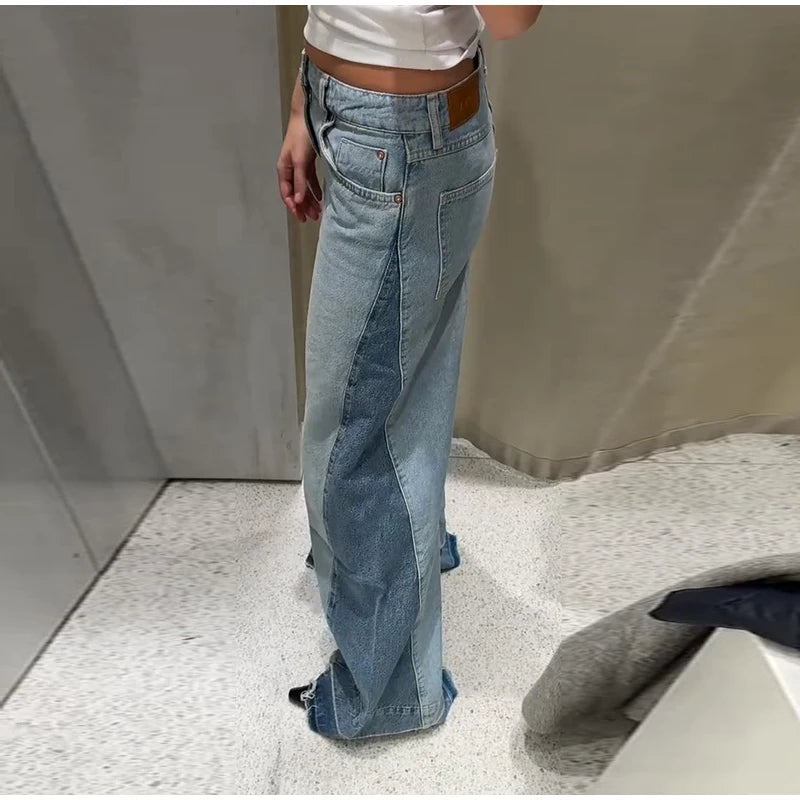 Chic Women's Side Patchwork Denim Jeans Pant High Waist Wide Leg Baggy Pants For Woman 2025 New Casual Daily Streetwear Trousers