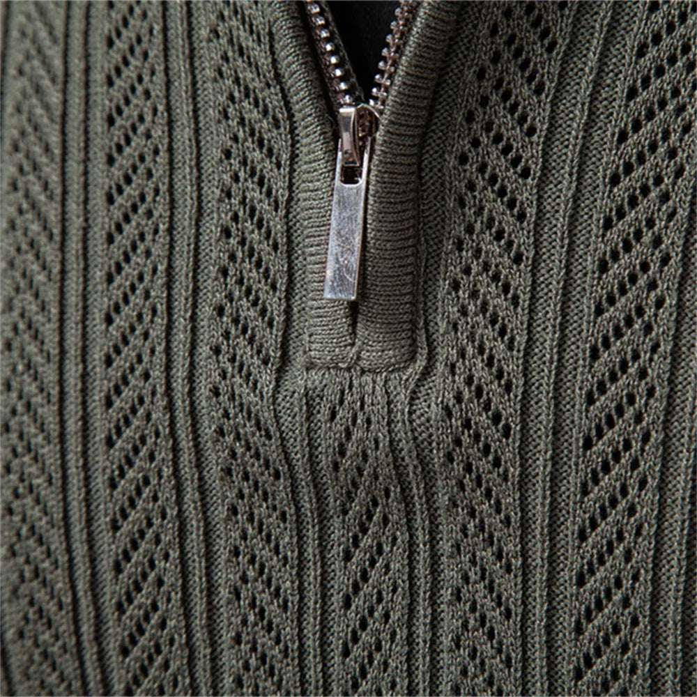 AIOPESON Zip Placket Polo Shirt Men Premium Solid Color Slim Fit Long Sleeve Textured Fabric Business Casual Autumn Winter
