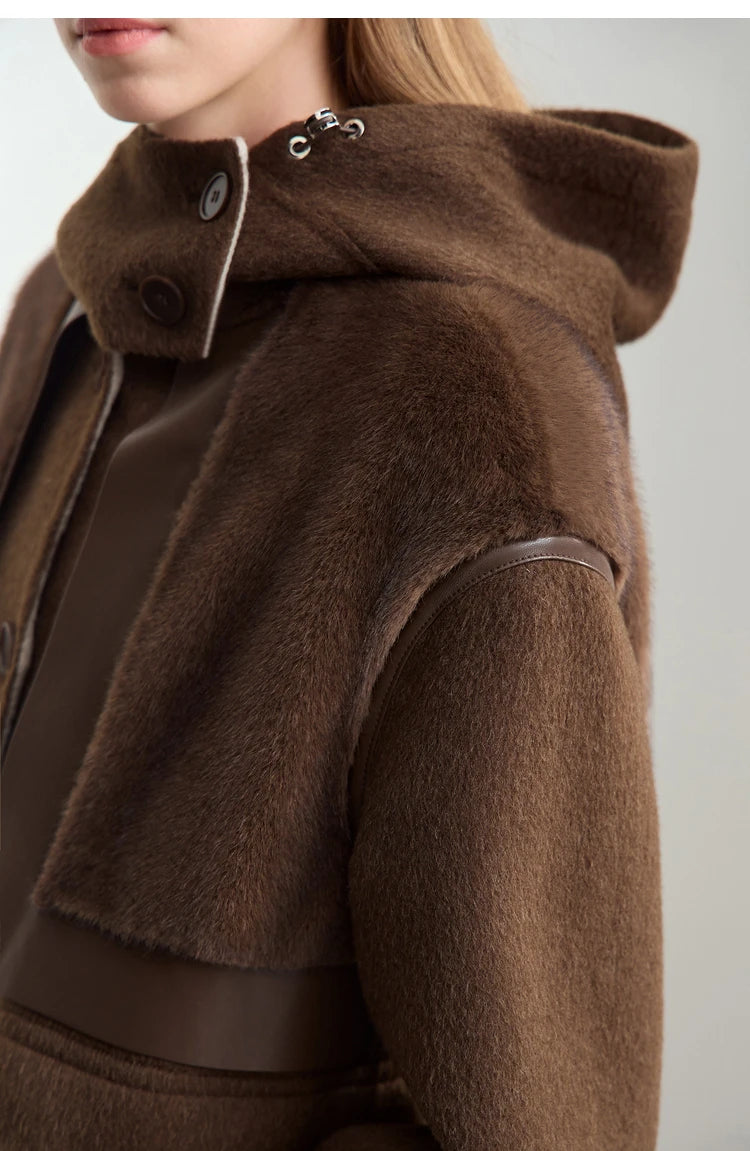 Amii Minimalist 2025 Winter Women's Jacket Hooded Splicing Zipper PU Leather Loose Long Coat Two Wear Wool Coats 12444138
