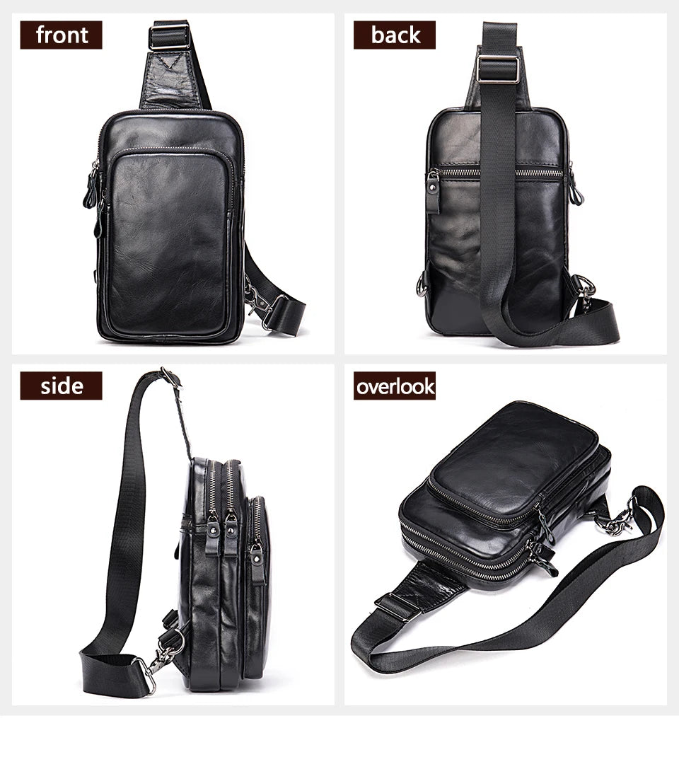 Mans 100% Genuine Leather Sling Bag Men Messenger Bags for Men Black Chest Bags for Phone Casual Sport Shoulder Bag