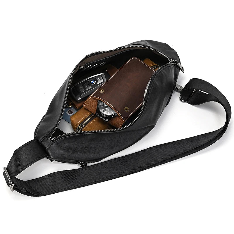 Mans 100% Genuine Leather Sling Bag Men Messenger Bags for Men Black Chest Bags for Phone Casual Sport Shoulder Bag