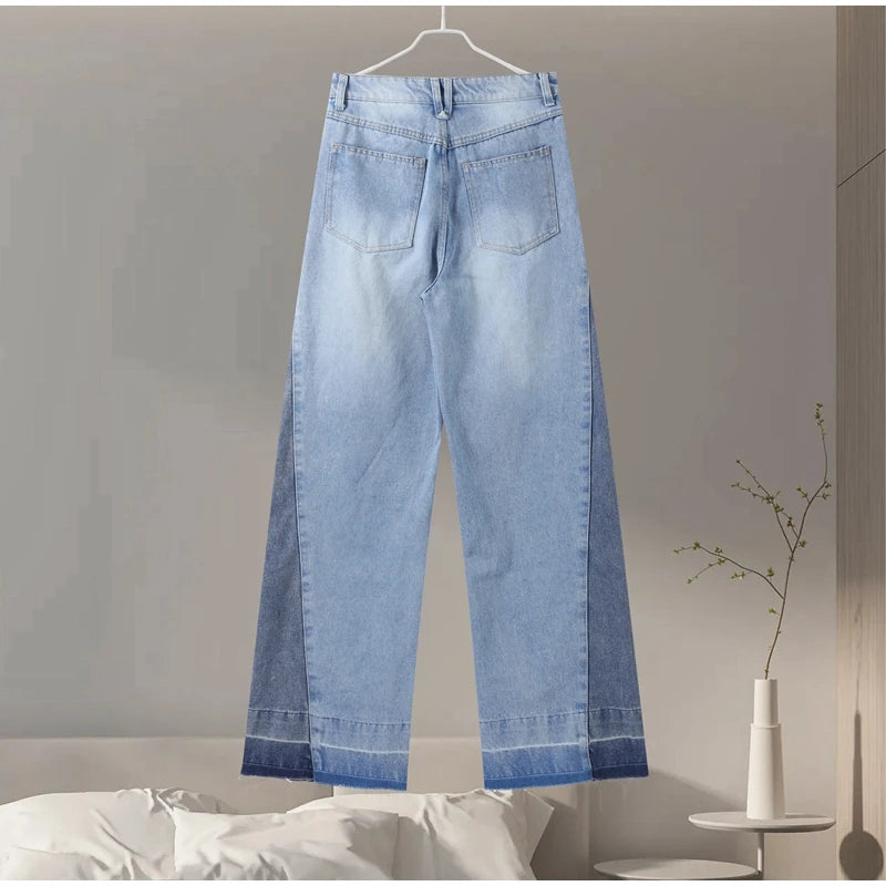 Chic Women's Side Patchwork Denim Jeans Pant High Waist Wide Leg Baggy Pants For Woman 2025 New Casual Daily Streetwear Trousers
