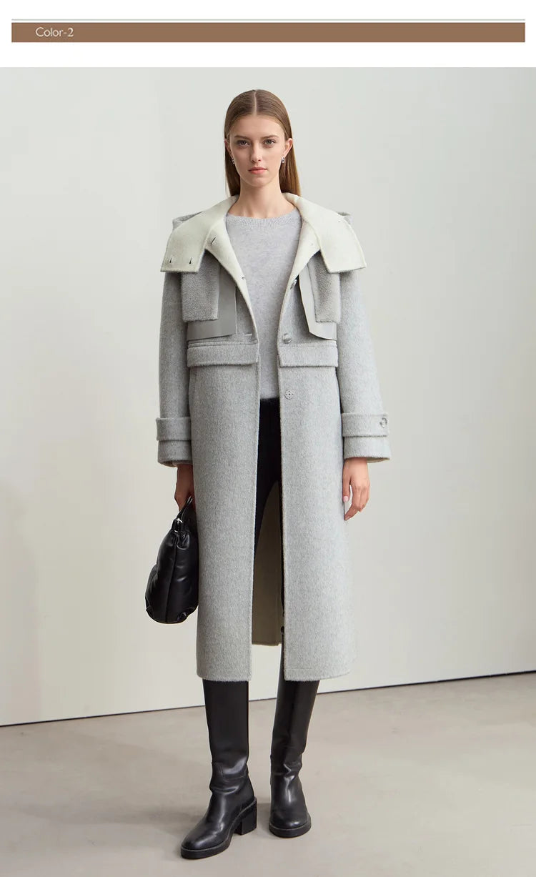 Amii Minimalist 2025 Winter Women's Jacket Hooded Splicing Zipper PU Leather Loose Long Coat Two Wear Wool Coats 12444138