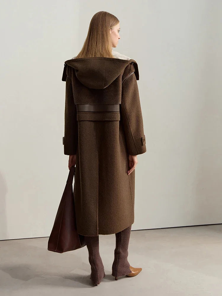Amii Minimalist 2025 Winter Women's Jacket Hooded Splicing Zipper PU Leather Loose Long Coat Two Wear Wool Coats 12444138