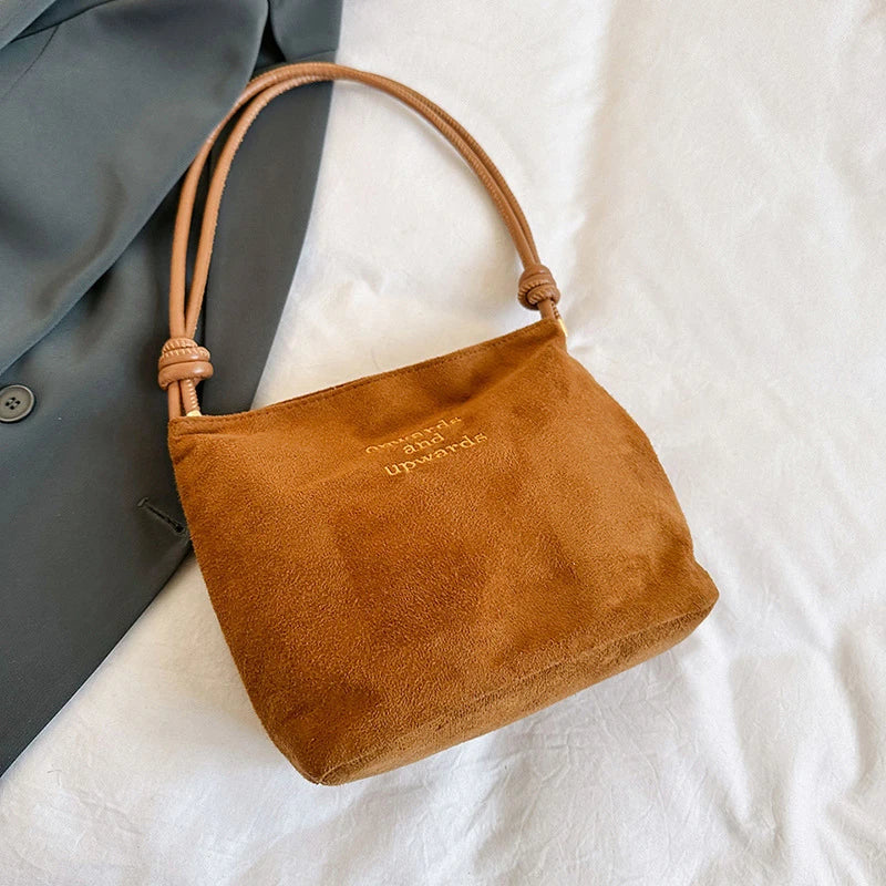 Suede Handbag Casual Rope Buckle Design Multicolor Shoulder Bag Adjustable Straps Tote Work Crossbody Bucket Bag