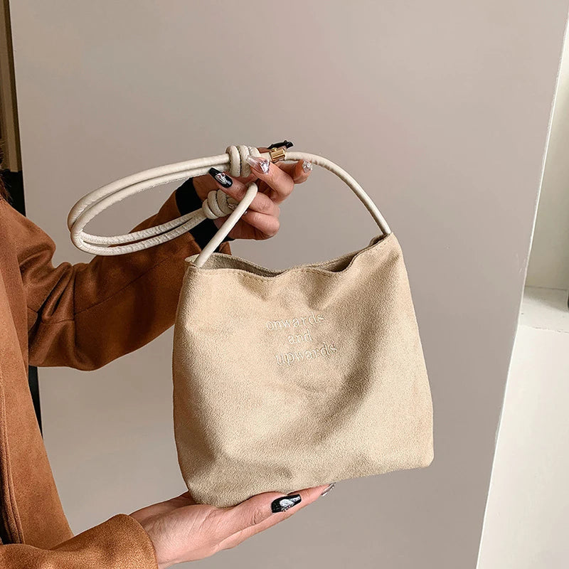 Suede Handbag Casual Rope Buckle Design Multicolor Shoulder Bag Adjustable Straps Tote Work Crossbody Bucket Bag