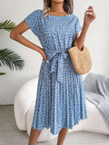 Women's Floral Pleated A Line Long Dress, Short Sleeve, High Waist, Chic, Spring, Summer