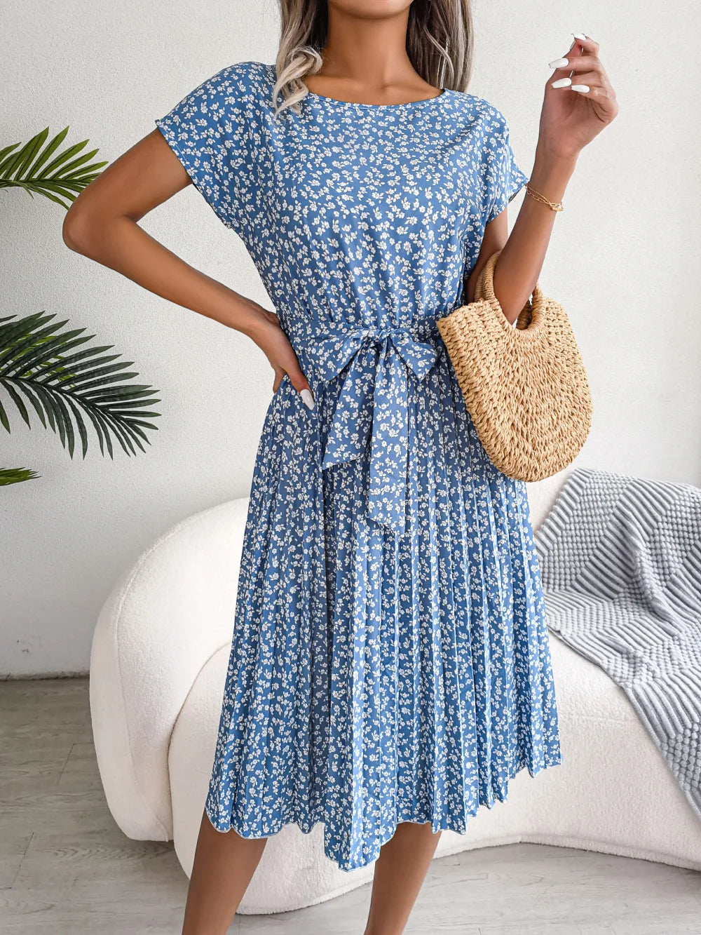 Women's Floral Pleated A Line Long Dress, Short Sleeve, High Waist, Chic, Spring, Summer