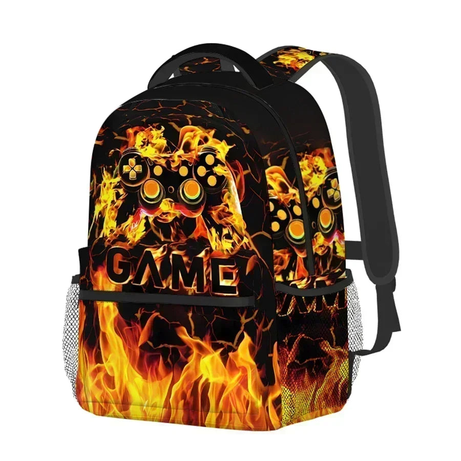 Burning Flame Game Controller Backpacks for Boy and Girls Best Gifts 2D Flat Cartoon School Backpack for Children