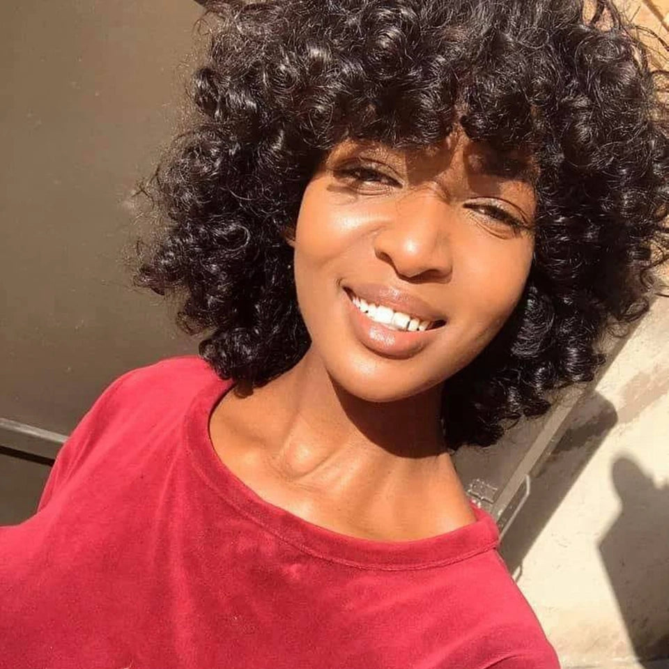 Mongolian Afro Kinky Curly Hunan Hair Wigs With Bangs Full Machine Made Wig 250 Density Remy Brazilian Short Curly Bangs Wig