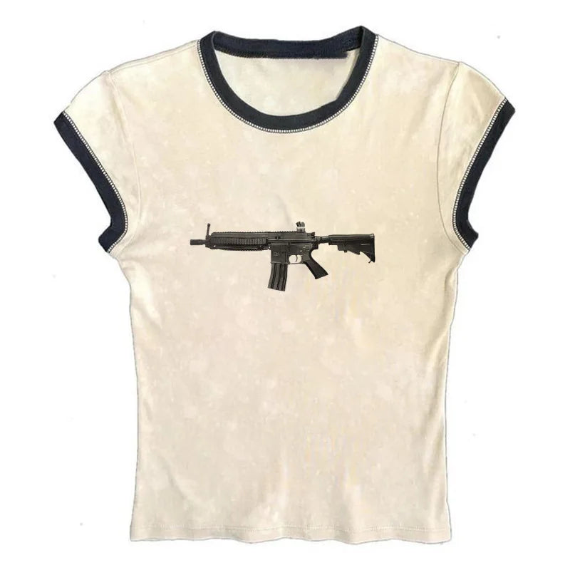 Rock Gothic Y2k Lace Tank Top Gun Harajuku Graphic Print Streetwear Sleeveless Top Punk Retro Sling Spicy Girls Hip Hop Crop top