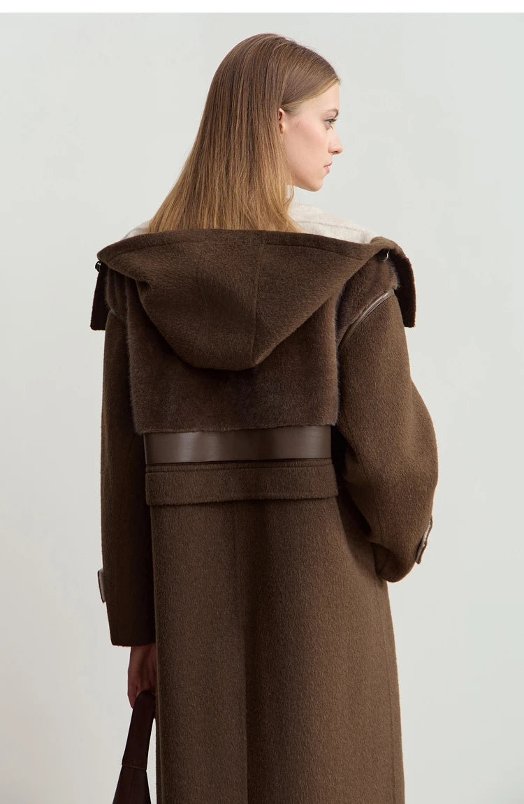 Amii Minimalist 2025 Winter Women's Jacket Hooded Splicing Zipper PU Leather Loose Long Coat Two Wear Wool Coats 12444138