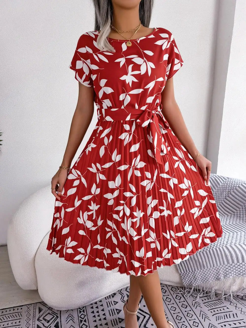 Women's Floral Pleated A Line Long Dress, Short Sleeve, High Waist, Chic, Spring, Summer