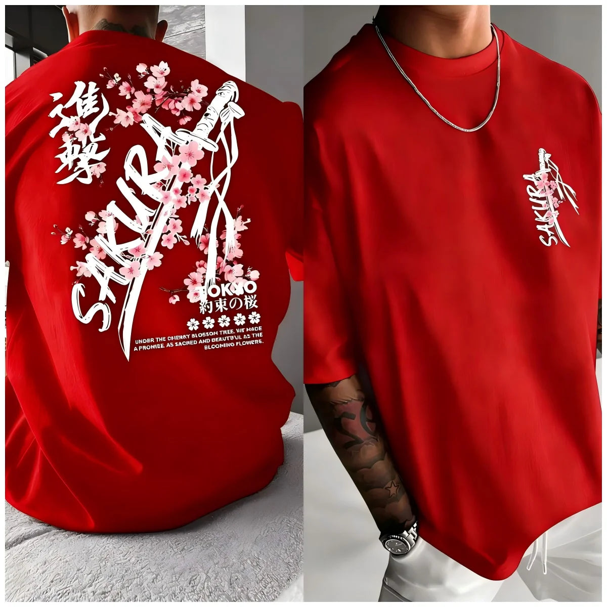 Fashionable men's summer personalized letter cherry blossom print soft and breathable round neck T-shirt outdoor festival street