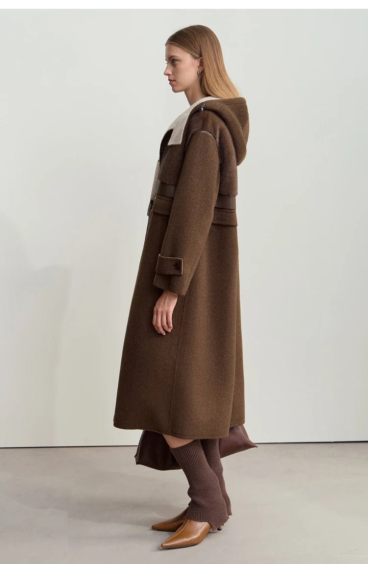 Amii Minimalist 2025 Winter Women's Jacket Hooded Splicing Zipper PU Leather Loose Long Coat Two Wear Wool Coats 12444138