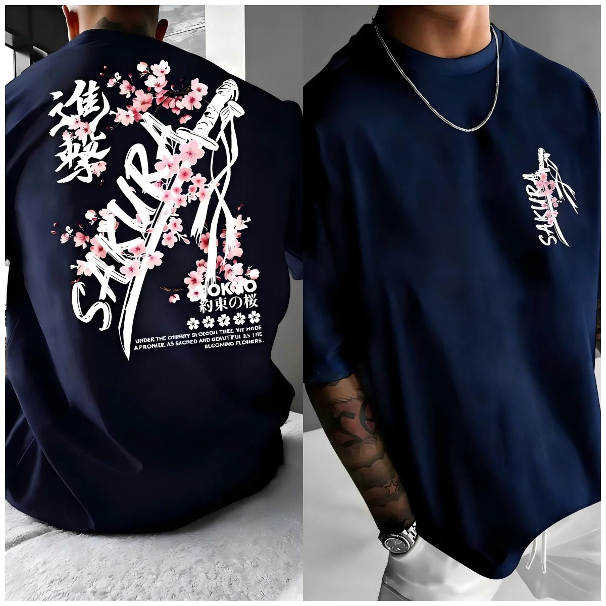 Fashionable men's summer personalized letter cherry blossom print soft and breathable round neck T-shirt outdoor festival street