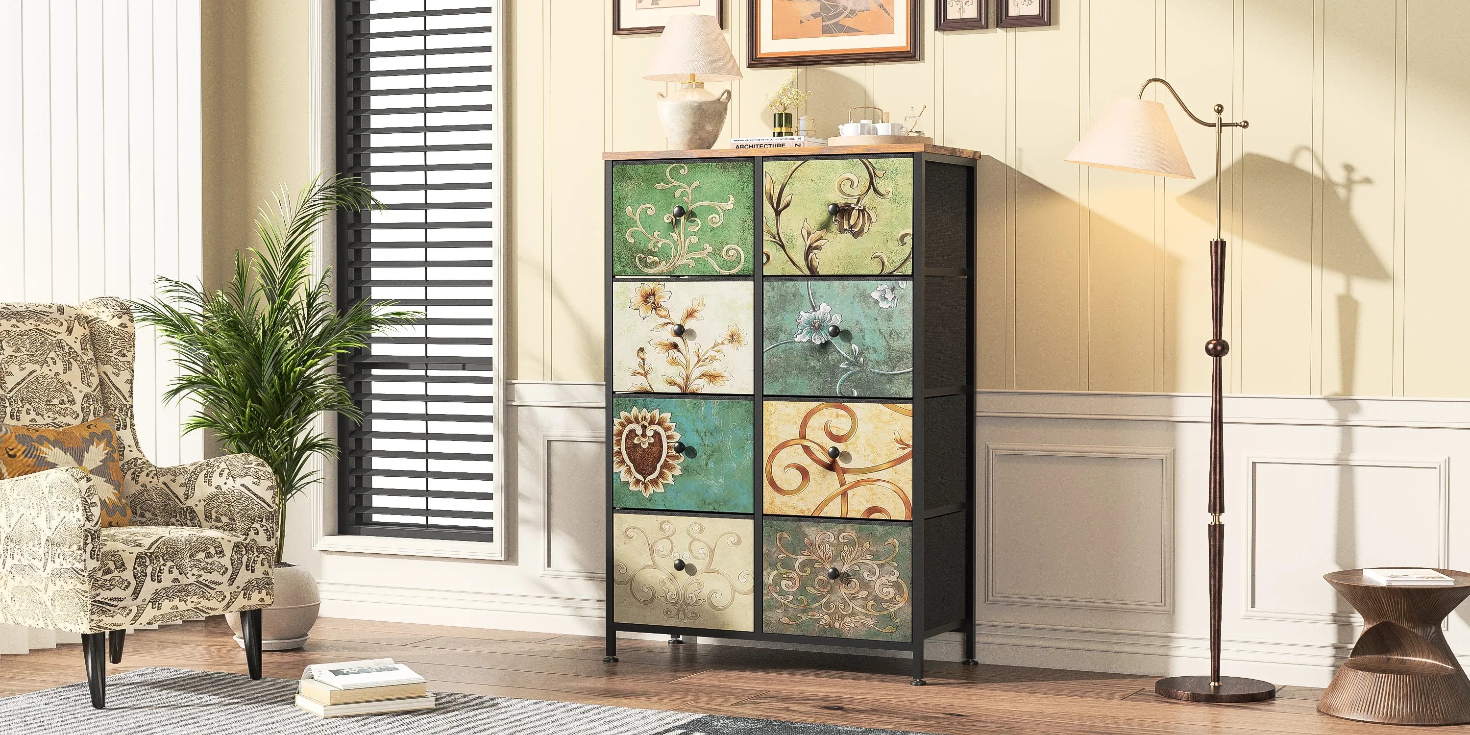 Rosahqnda Vintage Cabinet with fabric Drawers TV Stand Chest of Drawers for Living Room Dining Room Bedroom Iron Frame