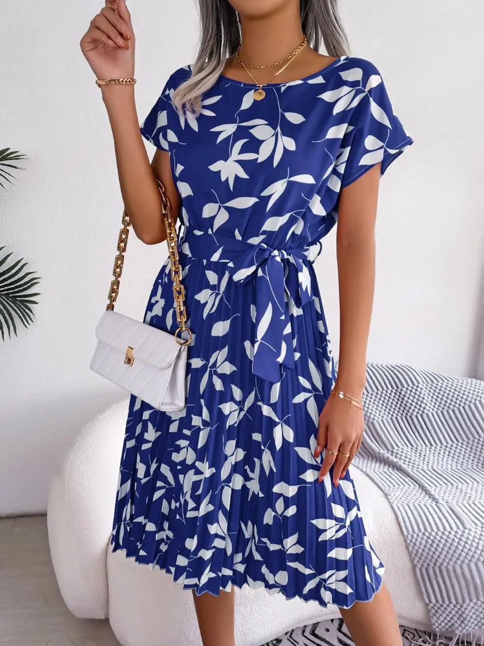 Women's Floral Pleated A Line Long Dress, Short Sleeve, High Waist, Chic, Spring, Summer