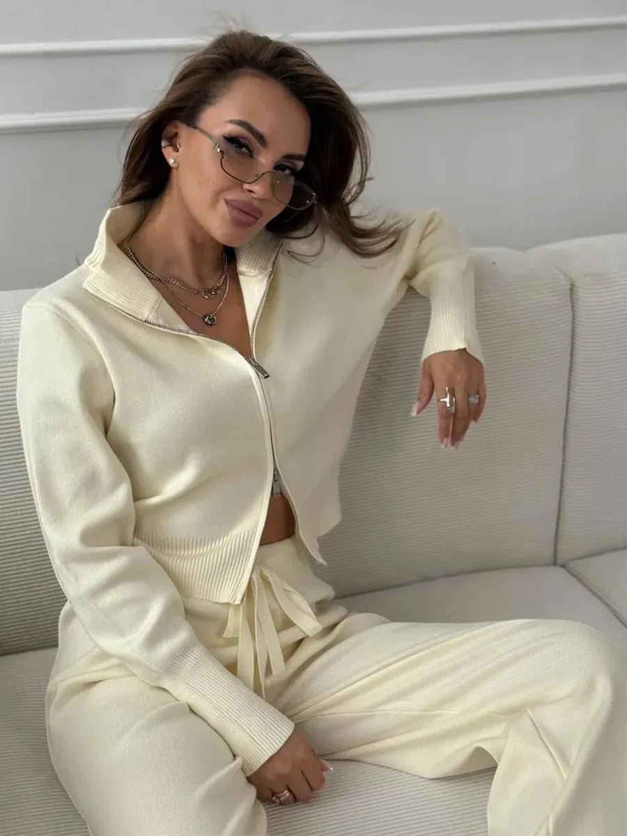 Bornladies Women's New Knit Zip Up Cardigan Wide Leg Pants Set Soft Fabric Cropped Elastic Waist Autumn Winter Fashion Sweater