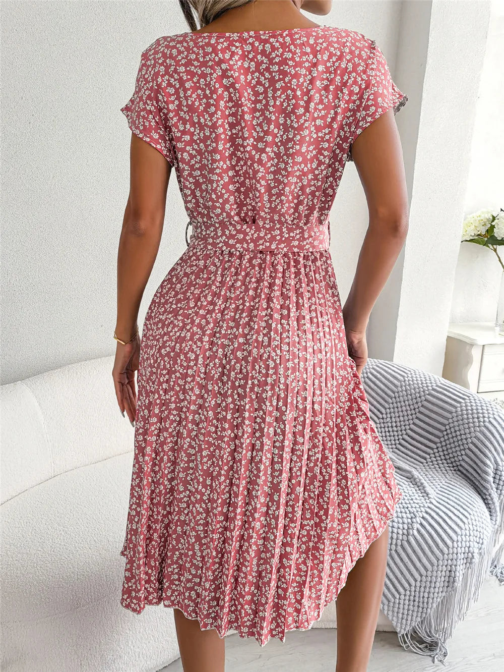 Women's Floral Pleated A Line Long Dress, Short Sleeve, High Waist, Chic, Spring, Summer
