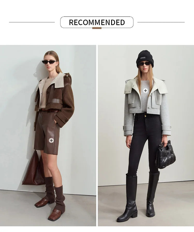 Amii Minimalist 2025 Winter Women's Jacket Hooded Splicing Zipper PU Leather Loose Long Coat Two Wear Wool Coats 12444138