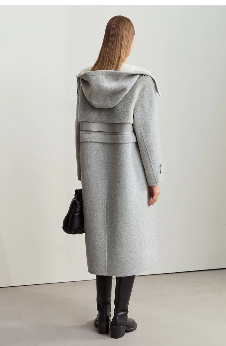 Amii Minimalist 2025 Winter Women's Jacket Hooded Splicing Zipper PU Leather Loose Long Coat Two Wear Wool Coats 12444138