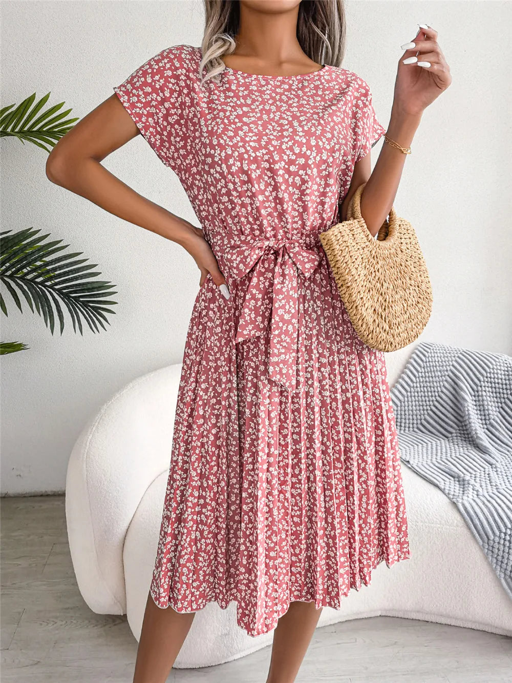 Women's Floral Pleated A Line Long Dress, Short Sleeve, High Waist, Chic, Spring, Summer