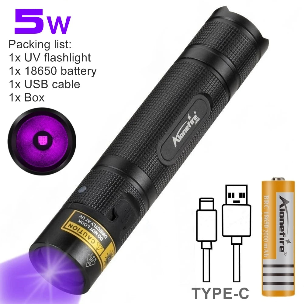 SV005 10W 365nm UV Flashlight USB Rechargeable Ultraviolet Invisible USB Torch Pet Urine Stains Ore Scorpion Detection Lamp