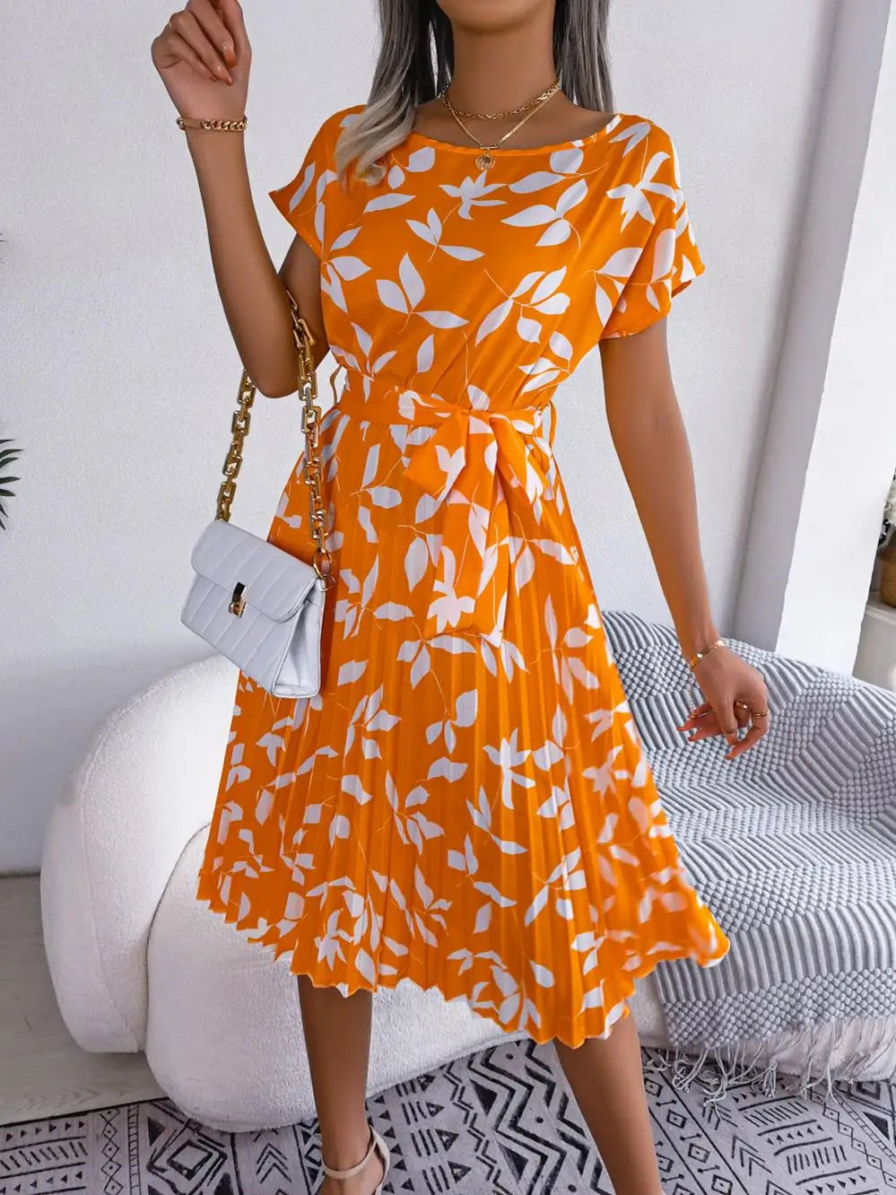 Women's Floral Pleated A Line Long Dress, Short Sleeve, High Waist, Chic, Spring, Summer