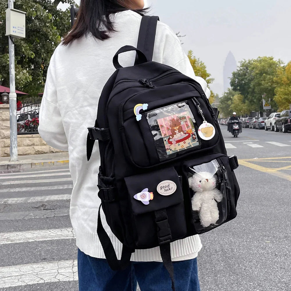 Woman Backpack Fashion College Student Rucksack Nylon with Plush Pendant Pin Kawaii Large Capacity Japanese Style for Teen Girls