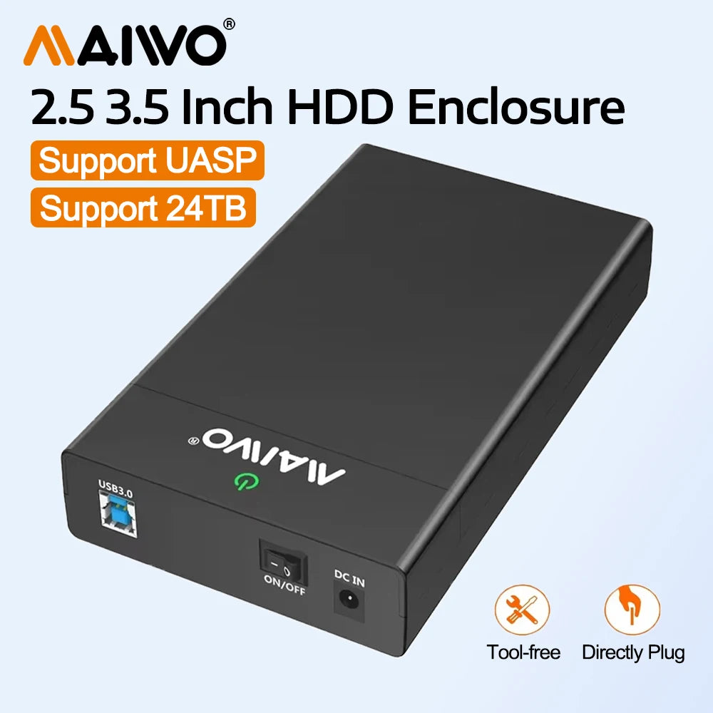 MAIWO 2.5 3.5 Inch SATA HDD Enclosure USB3.0 to SATA Hard Drive Case Adapter 24TB Capacity Support UASP High Speed for PC Laptop
