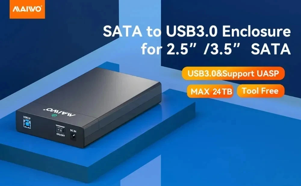 MAIWO 2.5 3.5 Inch SATA HDD Enclosure USB3.0 to SATA Hard Drive Case Adapter 24TB Capacity Support UASP High Speed for PC Laptop