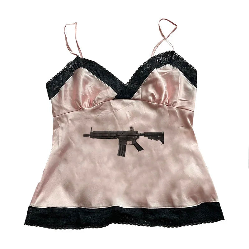 Rock Gothic Y2k Lace Tank Top Gun Harajuku Graphic Print Streetwear Sleeveless Top Punk Retro Sling Spicy Girls Hip Hop Crop top