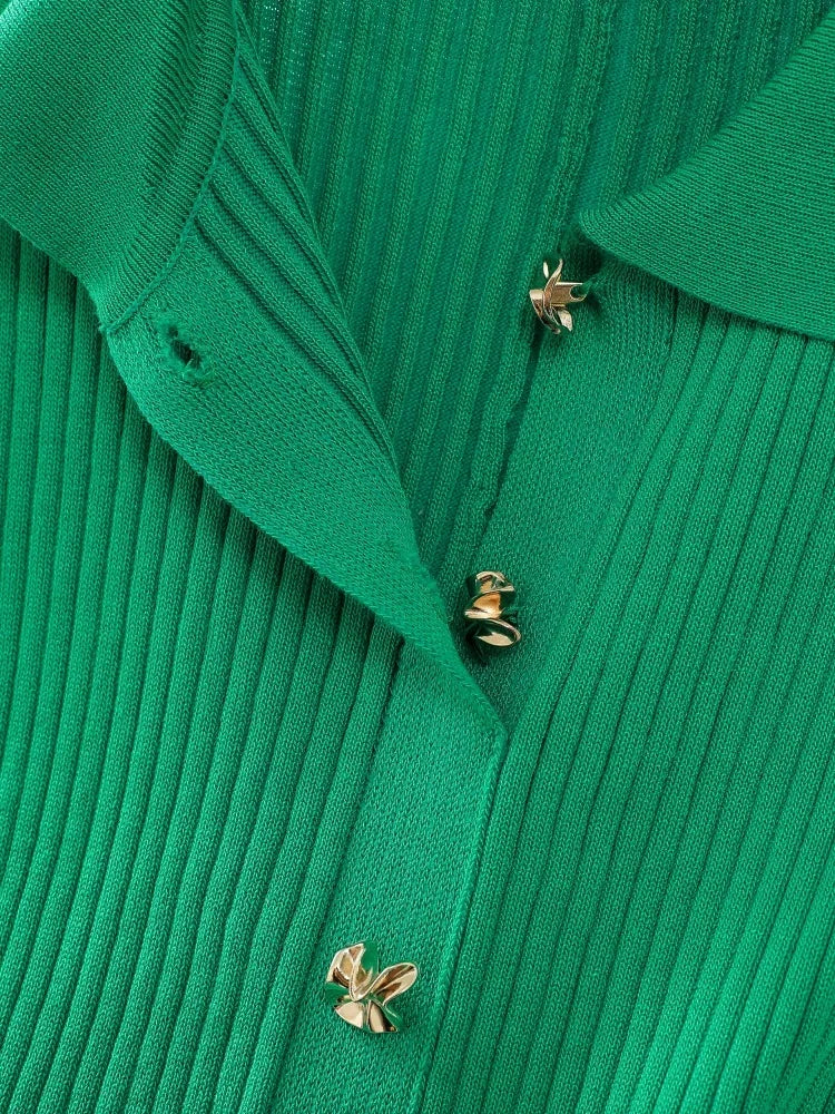 Summer 2024 New Women's Black Beige Single Breasted Knitted Long Dress Green Elegant Office Lady Short Sleeve Pleated Dress Chic