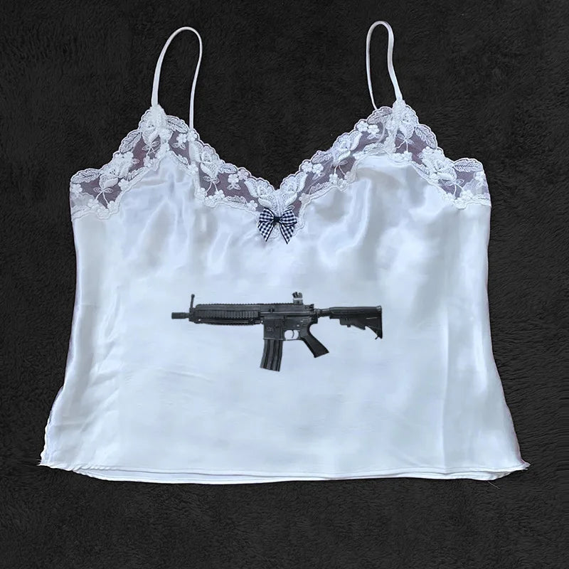 Rock Gothic Y2k Lace Tank Top Gun Harajuku Graphic Print Streetwear Sleeveless Top Punk Retro Sling Spicy Girls Hip Hop Crop top