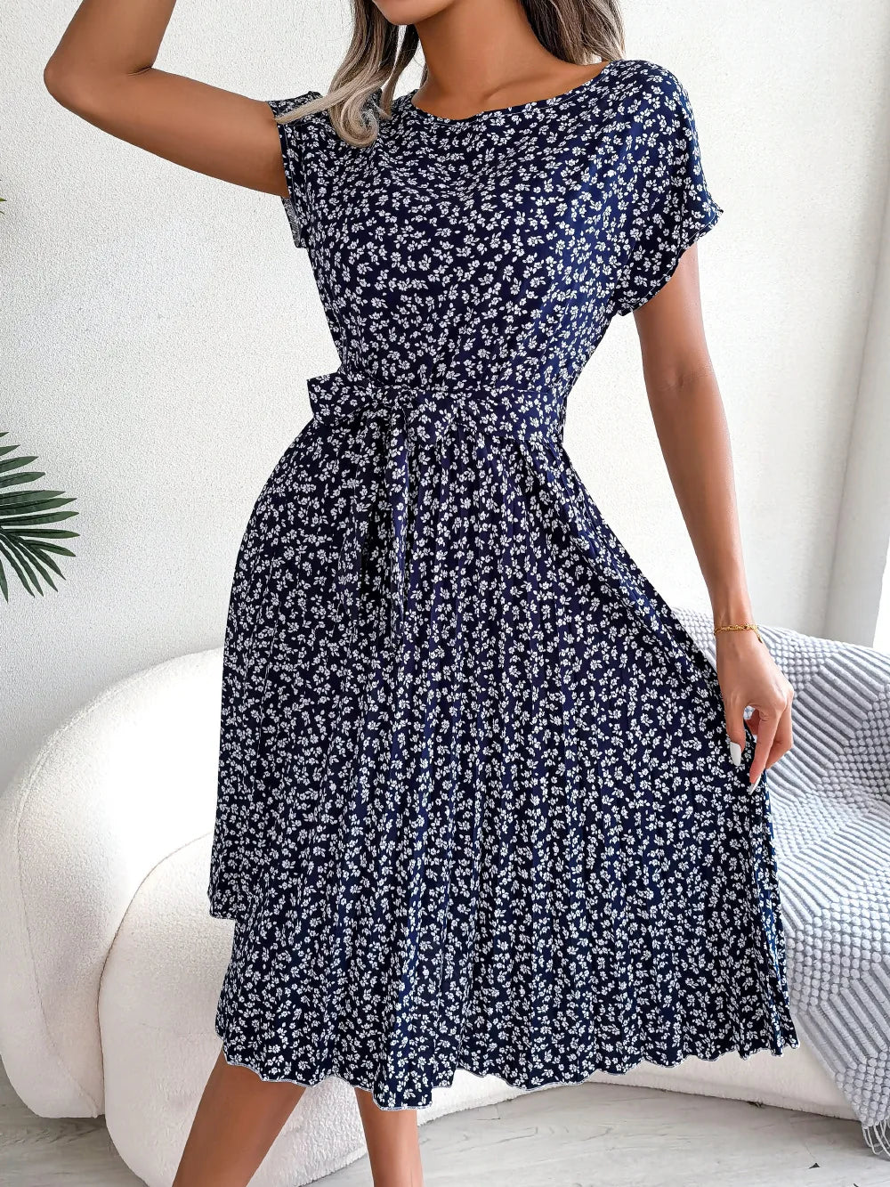 Women's Floral Pleated A Line Long Dress, Short Sleeve, High Waist, Chic, Spring, Summer