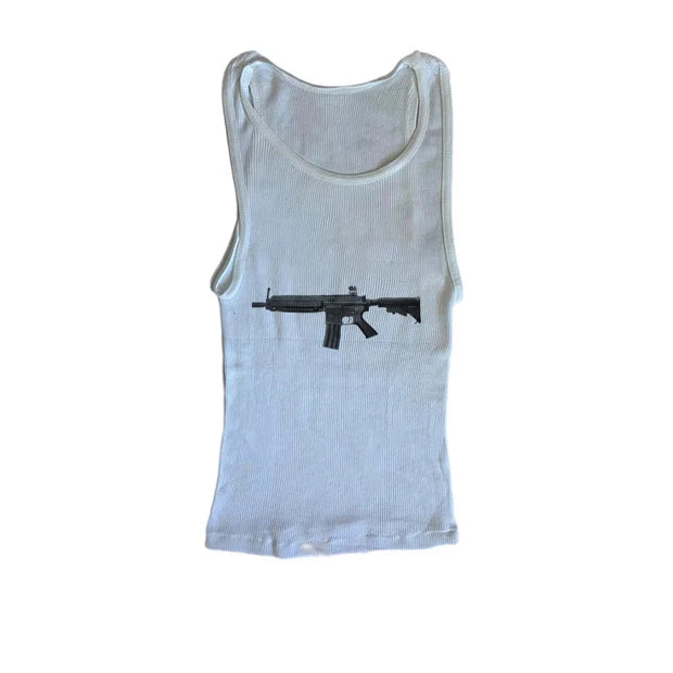 Rock Gothic Y2k Lace Tank Top Gun Harajuku Graphic Print Streetwear Sleeveless Top Punk Retro Sling Spicy Girls Hip Hop Crop top