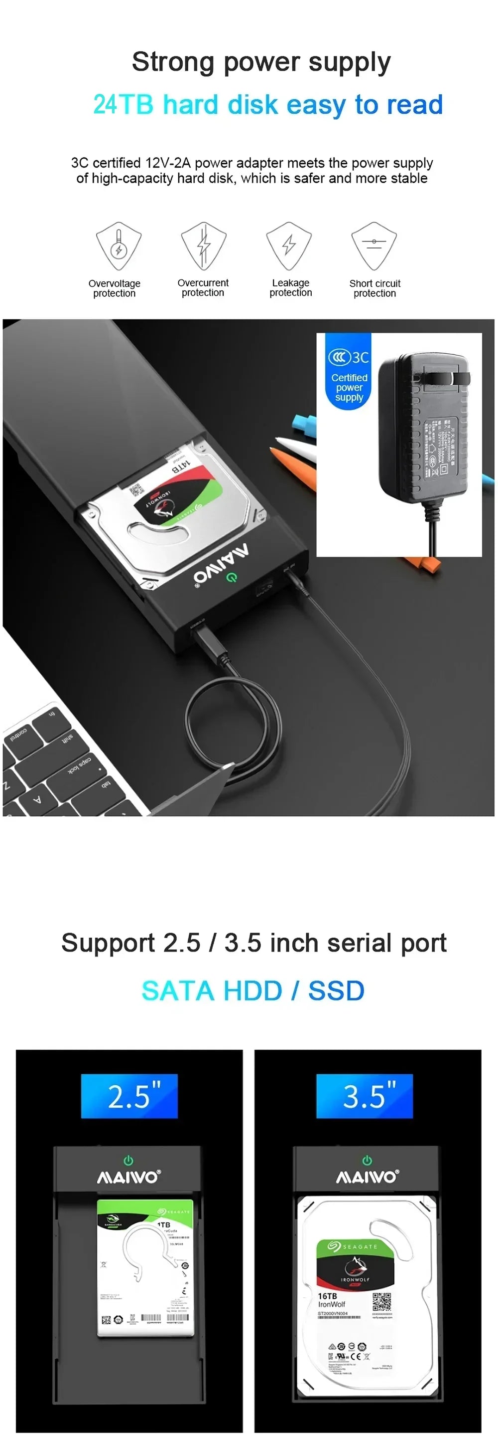 MAIWO 2.5 3.5 Inch SATA HDD Enclosure USB3.0 to SATA Hard Drive Case Adapter 24TB Capacity Support UASP High Speed for PC Laptop