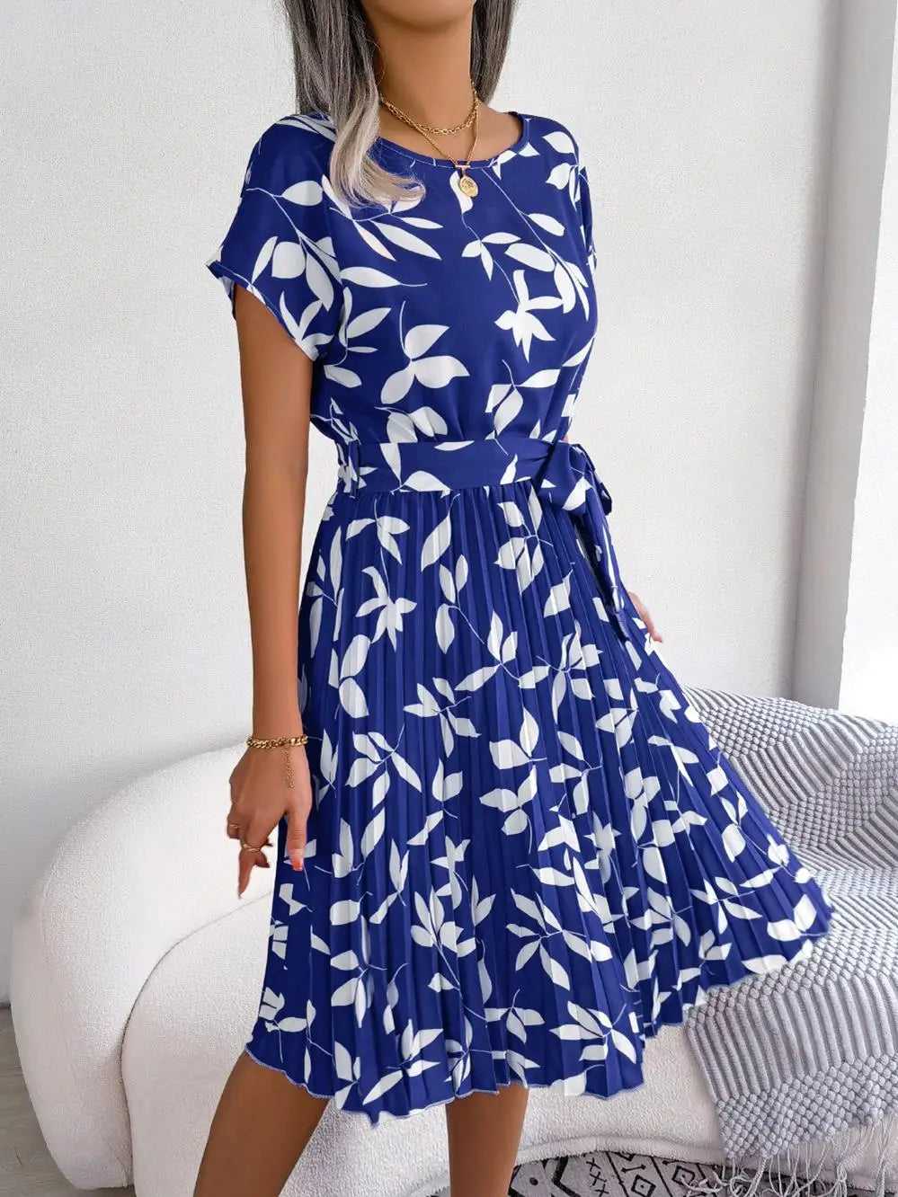 Women's Floral Pleated A Line Long Dress, Short Sleeve, High Waist, Chic, Spring, Summer