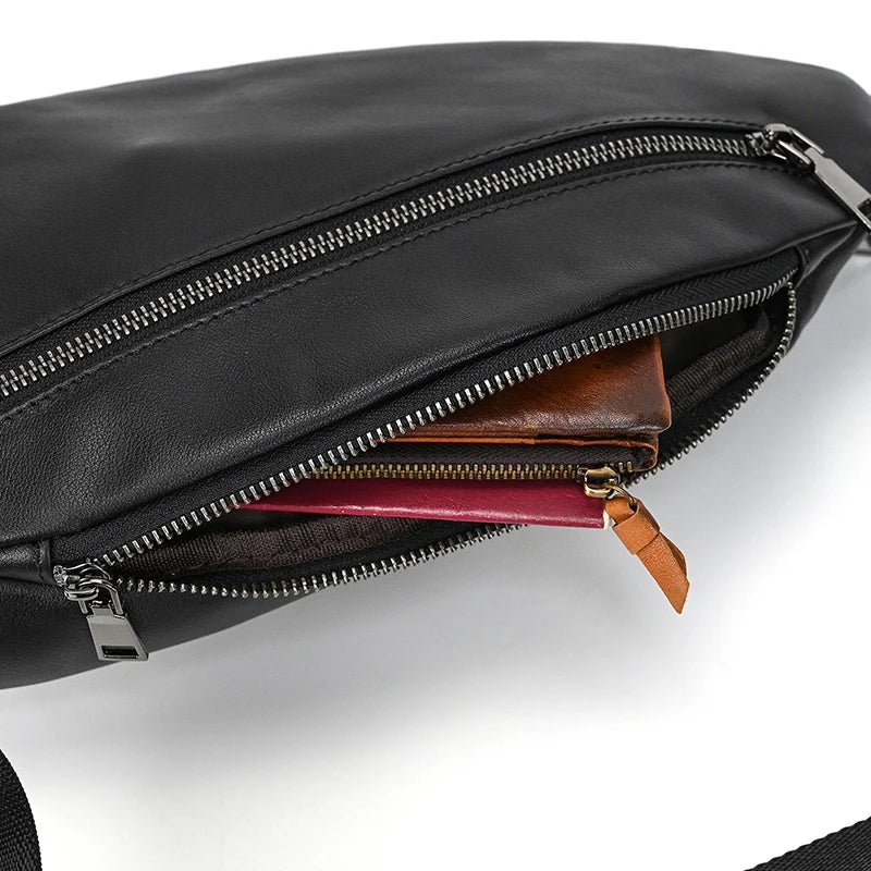 Mans 100% Genuine Leather Sling Bag Men Messenger Bags for Men Black Chest Bags for Phone Casual Sport Shoulder Bag