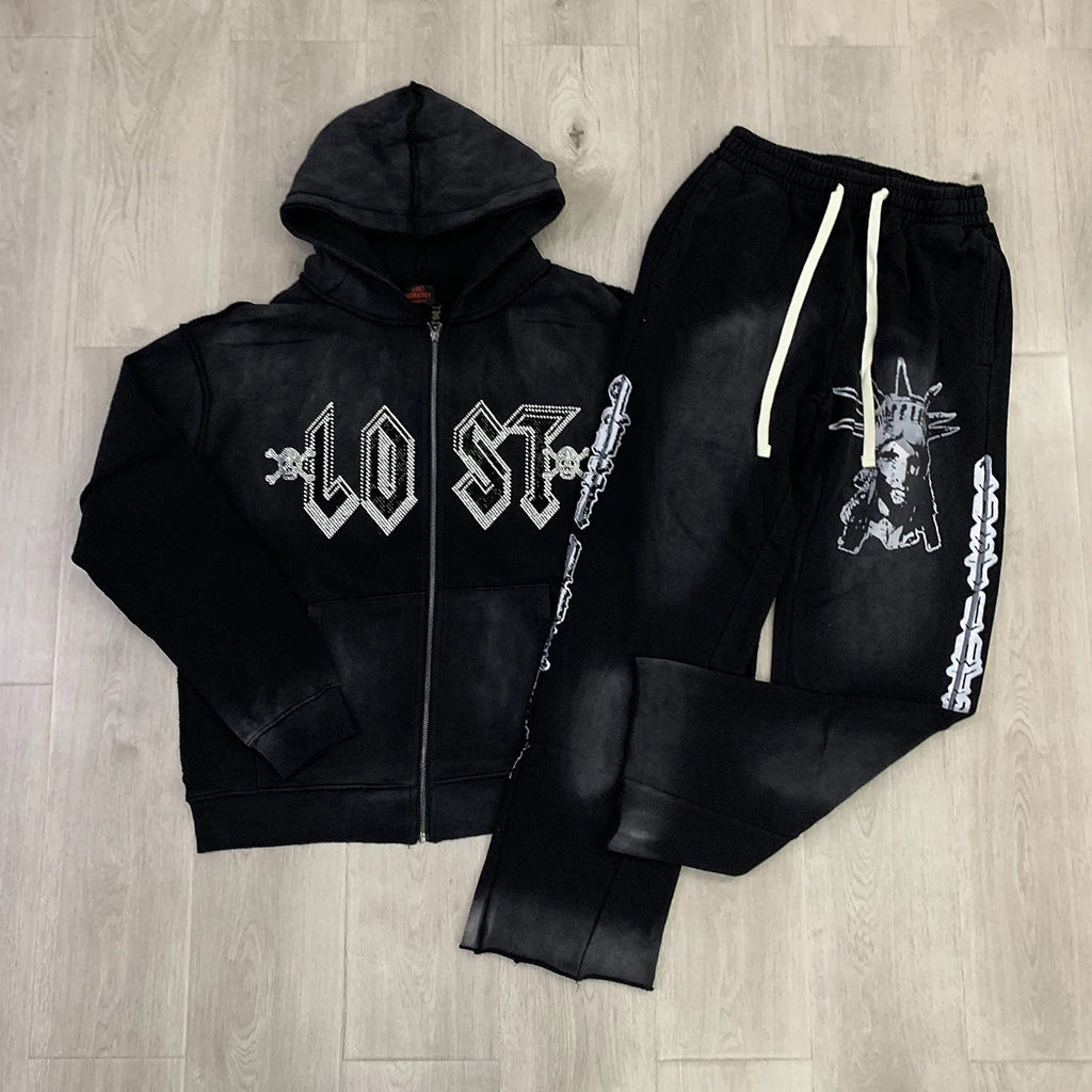 High Street Lose Rhineston Brilliant Shinning Zipper Hooded Hoodies for Men Cardigan Terry Loose Casual Sweatshirt Jacket